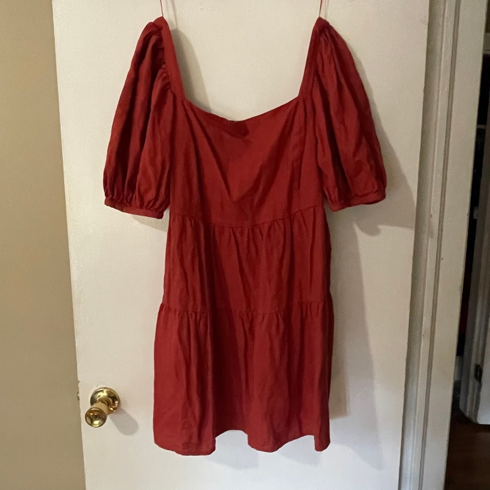 House of Harlow Red Orange Rust Puff Sleeve Tiered Smocked Casual Dress‎ Sz L